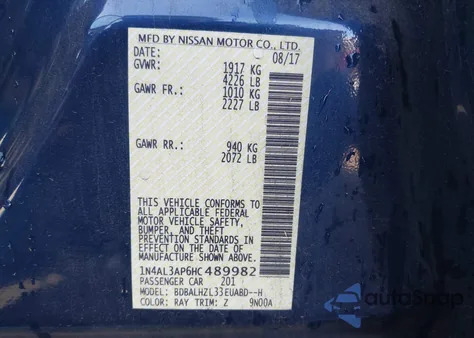 2017 Nissan Altima 2.5 Sr from USA, damaged, VIN 1N4AL3AP6HC489982